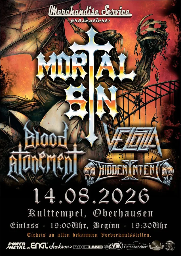 Flyer: Mortal Sin, Velozza, Blood Atonement, Hidden Intent - 40 Years of Mayhemic Destruction