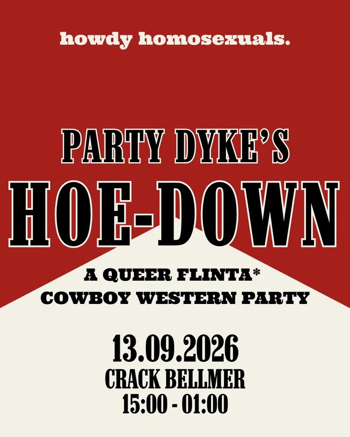 Flyer: Party Dyke's Hoe-Down: A Queer FLINTA* Cowboy Western Party Flyer: Party Dyke's Hoe-Down: A Queer FLINTA* Cowboy Western Party