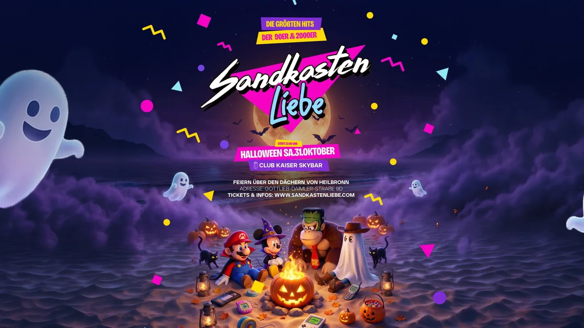 Flyer: SANDKASTENLIEBE – Heilbronn’s 90er & 2000er Party / Club Kaiser Skybar Halloween Flyer: SANDKASTENLIEBE – Heilbronn’s 90er & 2000er Party / Club Kaiser Skybar Halloween