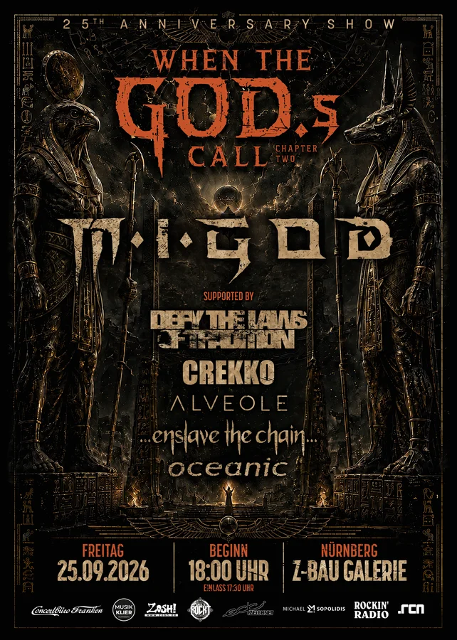 Flyer: M.I.GOD. - 25th Anniversary Show w/ Defy The Laws Of Tradition + Oceanic + Alveole + Enslave The Chain + Crekko