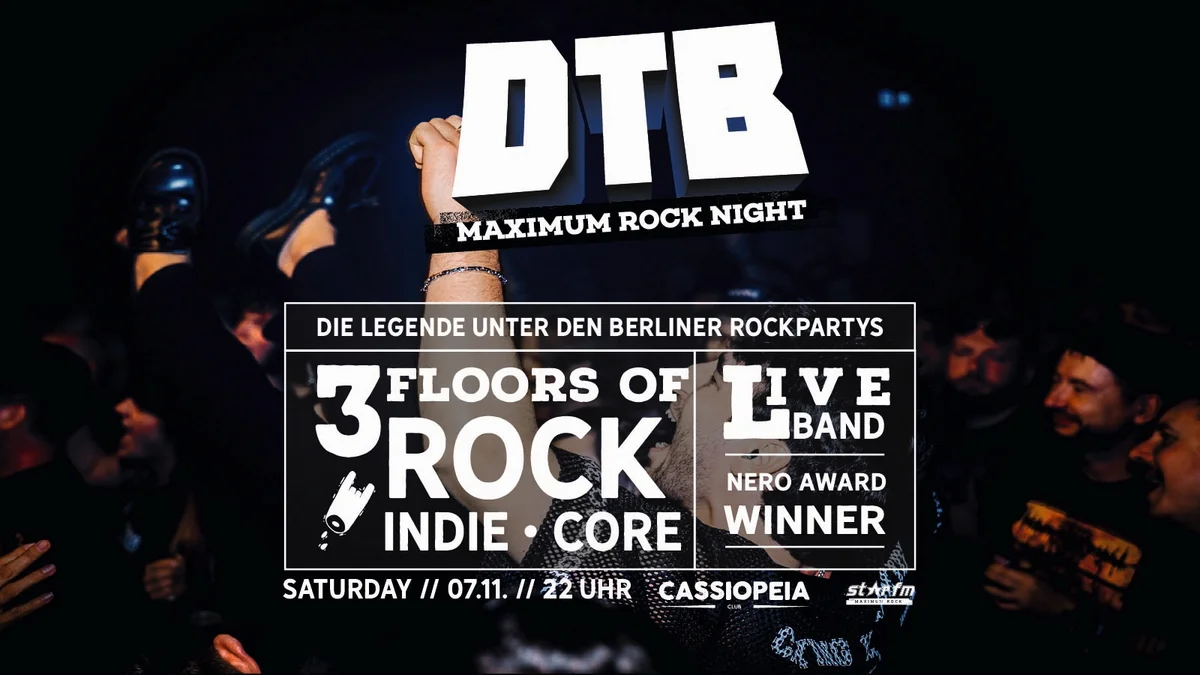 Flyer: DTB Maximum Rock Night mit NeRO Award Gewinner 2026 Flyer: DTB Maximum Rock Night mit NeRO Award Gewinner 2026
