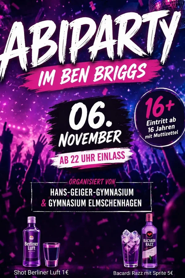 Event: #ABIPARTY Hans Geiger Gymnasium vs. Gymnasium Elmschenhagen Event image: #ABIPARTY Hans Geiger Gymnasium vs. Gymnasium Elmschenhagen