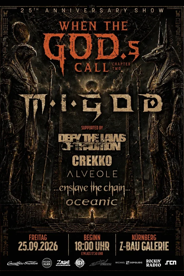 Event-Bild: M.I.GOD. - 25th Anniversary Show w/ Defy The Laws Of Tradition + Oceanic + Alveole + Enslave The Chain + Crekko