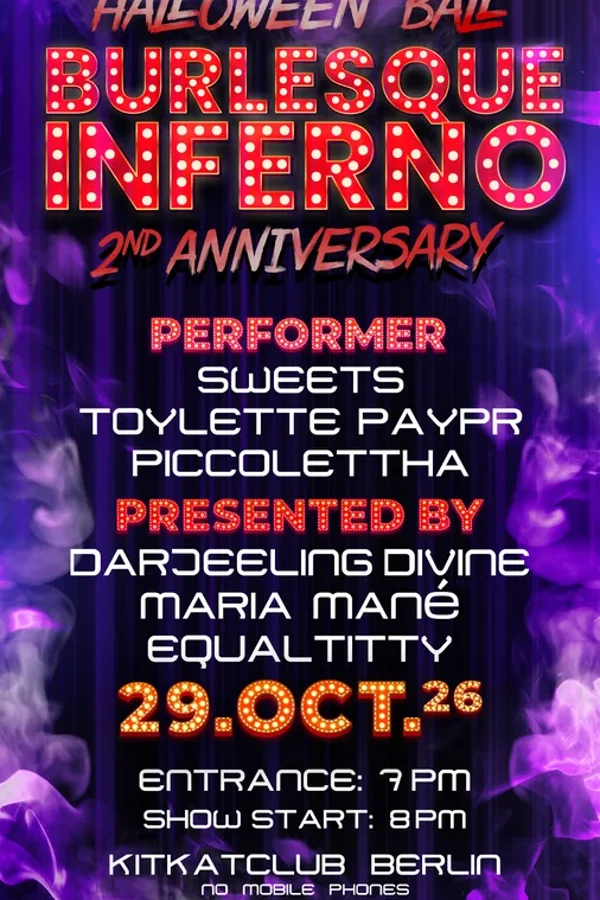 Event image: Burlesque Inferno at KitKat 'Burlesque Halloween Ball 2026' (Start 7 pm)