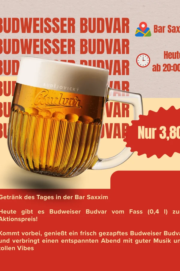 Event: 🍺 Budweiser Budvar vom Fass – nur 3,80 € Event-Bild: 🍺 Budweiser Budvar vom Fass – nur 3,80 €